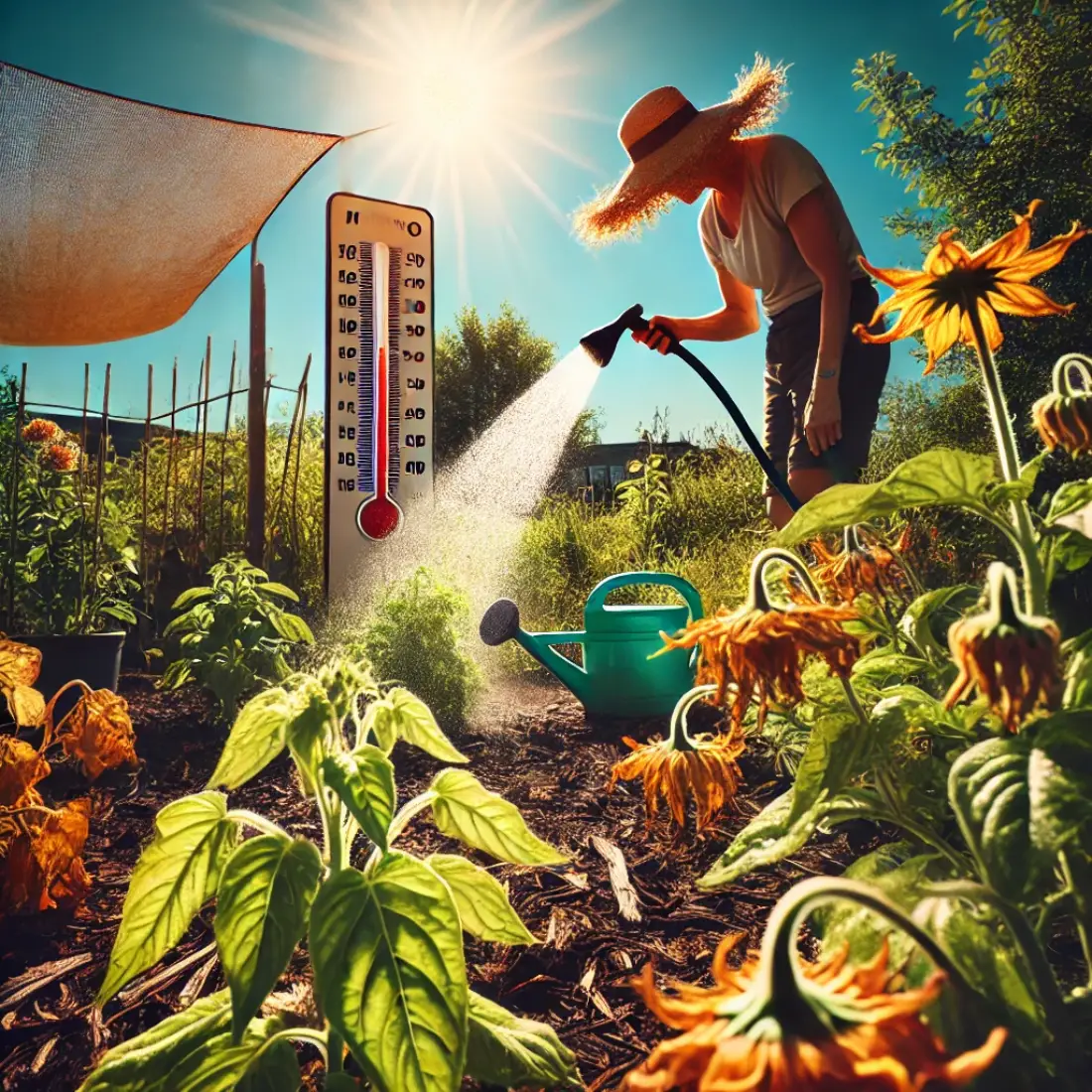 Gardener in a wide-brimmed hat watering wilted plants in a sunny garden, with shade cloth and mulch visible.