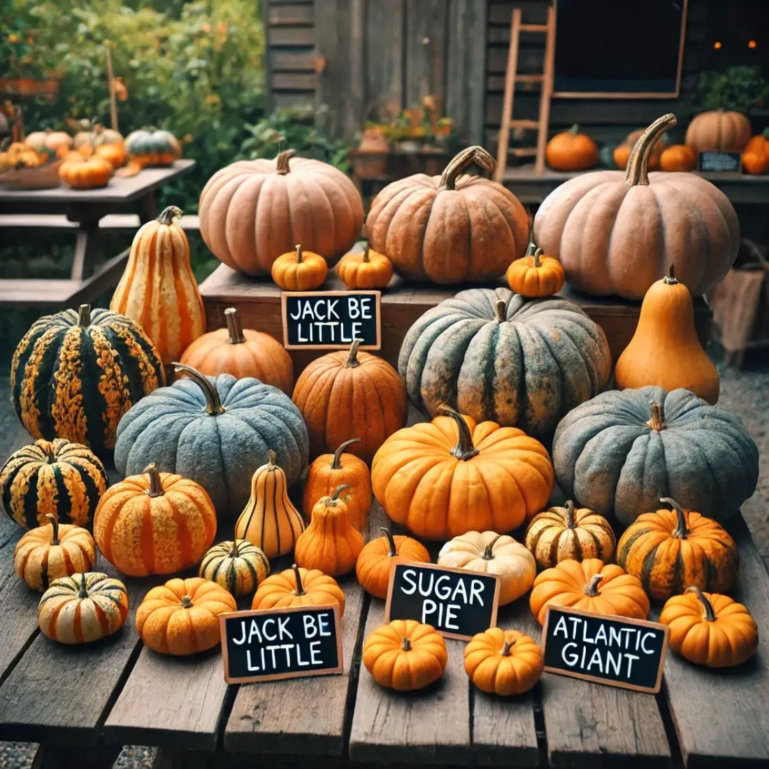 Different varieties of pumpkins, including small, medium, and large sizes, displayed on a wooden table outdoors with a garden background.