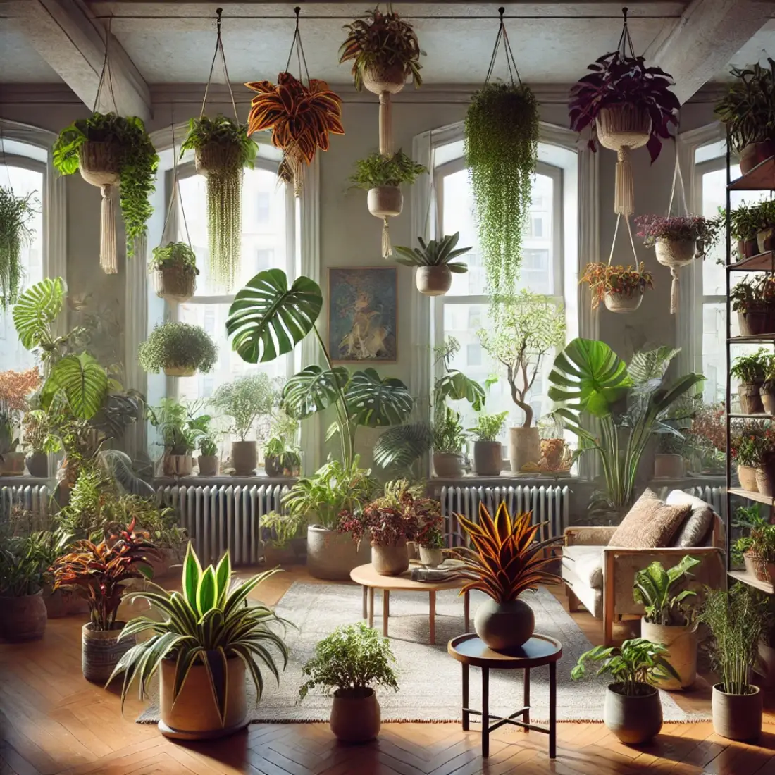 A cozy indoor space with large windows, featuring rare houseplants in various shapes, colors, and patterns, creating a lush sanctuary.