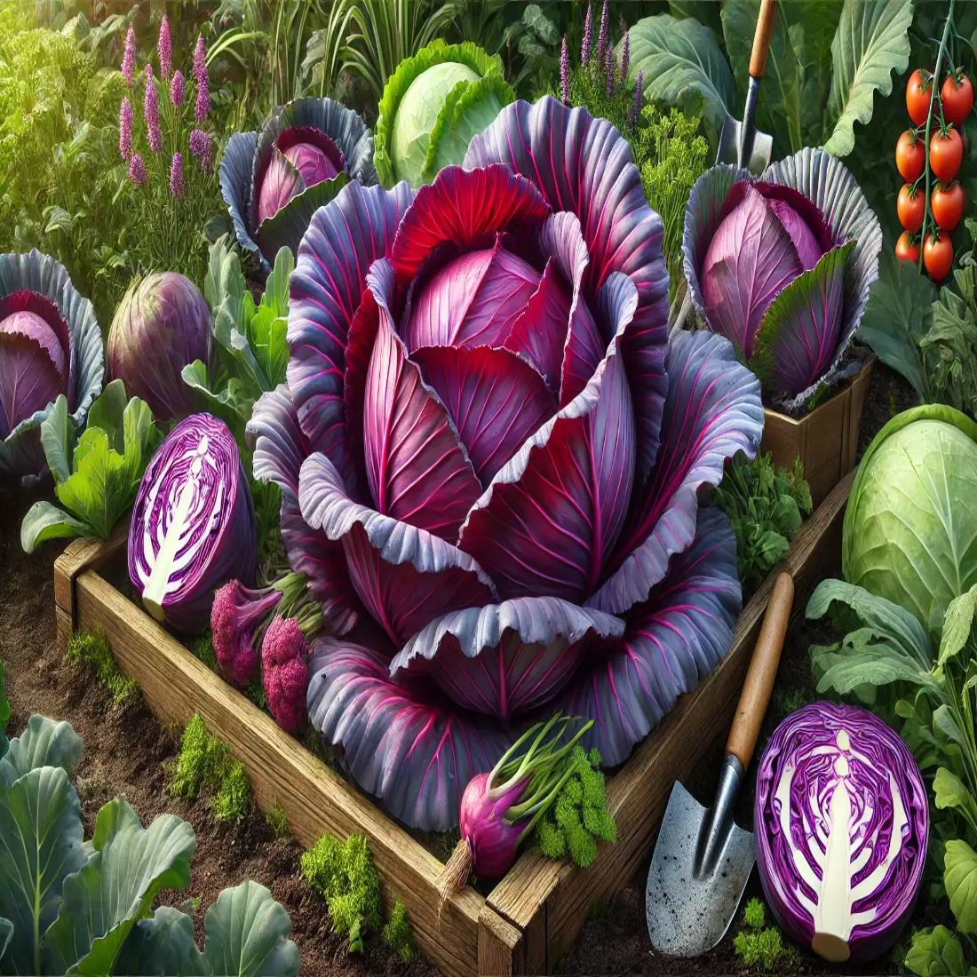  Fresh red cabbage with vibrant purple-red leaves in a garden, featuring 'Red Acre' and 'Ruby Ball' varieties.