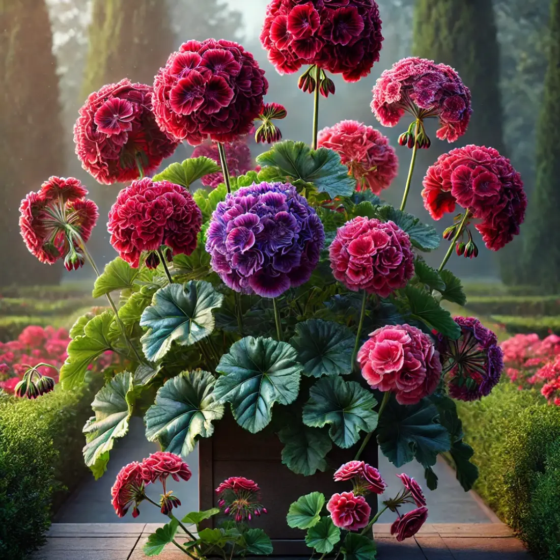 Regal Pelargoniums, also known as Martha Washington Geraniums, showcasing large, ruffled blooms in deep purples, reds, and pinks, with an upright growth habit in a manicured garden.