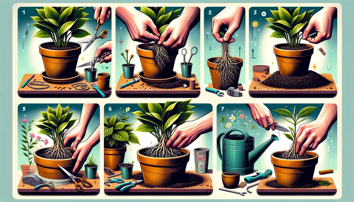 Informative series showing steps of repotting a houseplant: selecting the pot, removing the plant, pruning roots, and repotting