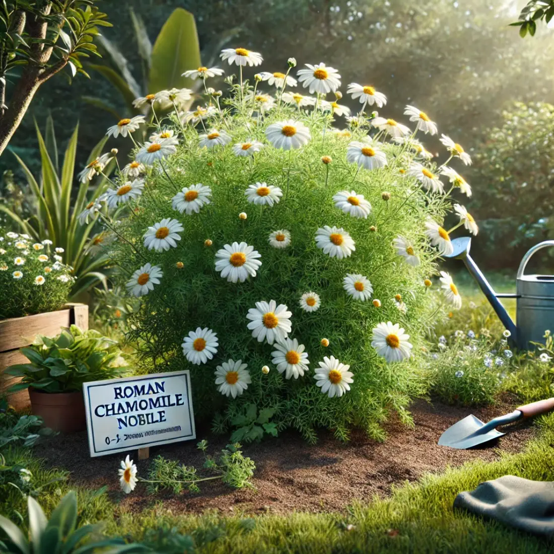 Roman chamomile forming a dense mat with larger white daisy-like flowers and yellow centers, labeled "Chamaemelum nobile," in a lush garden with a watering can and garden gloves.