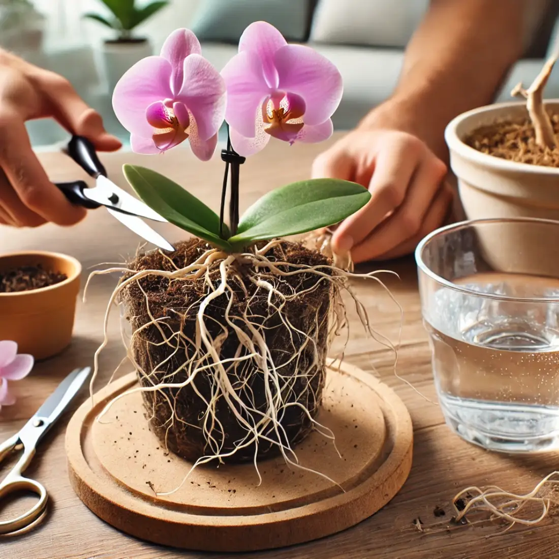 Close-up of an orchid being treated for root rot on a wooden table, with roots being trimmed by sterilized scissors. Clean water bowl and new pot nearby in a bright, airy room.