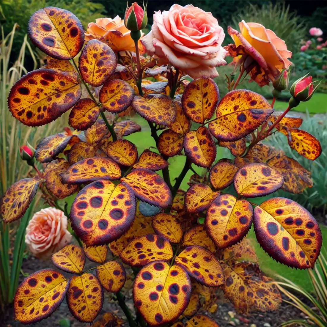 Rose bush affected by rose rust, showing orange spots on leaves with a few healthy roses in bloom. Garden background slightly blurred.