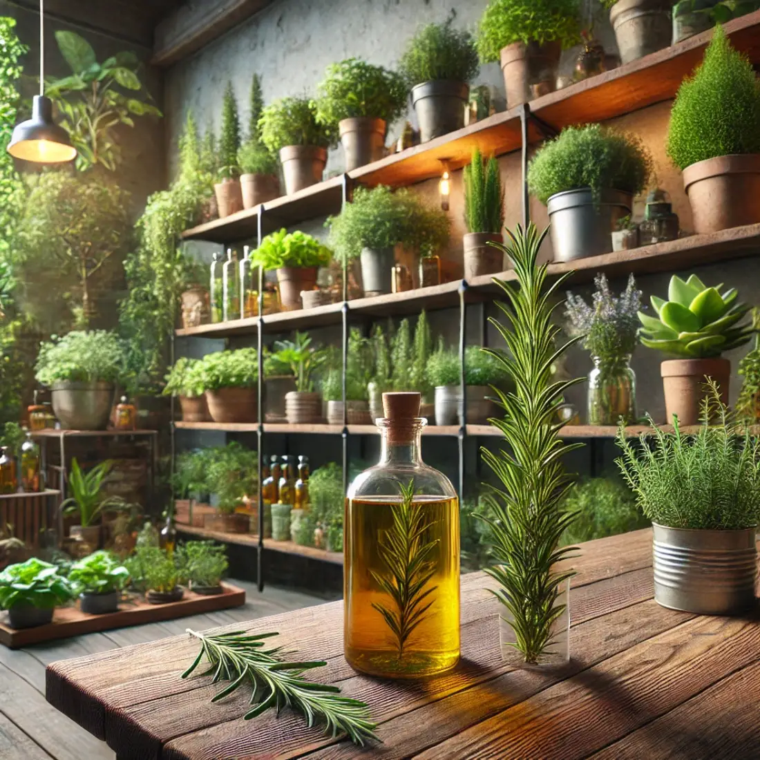 Lush indoor garden with various green plants in rustic pots on shelves and a wooden table, featuring a bottle of rosemary oil beside a fresh sprig of rosemary. Natural and warm lighting create a cozy atmosphere.