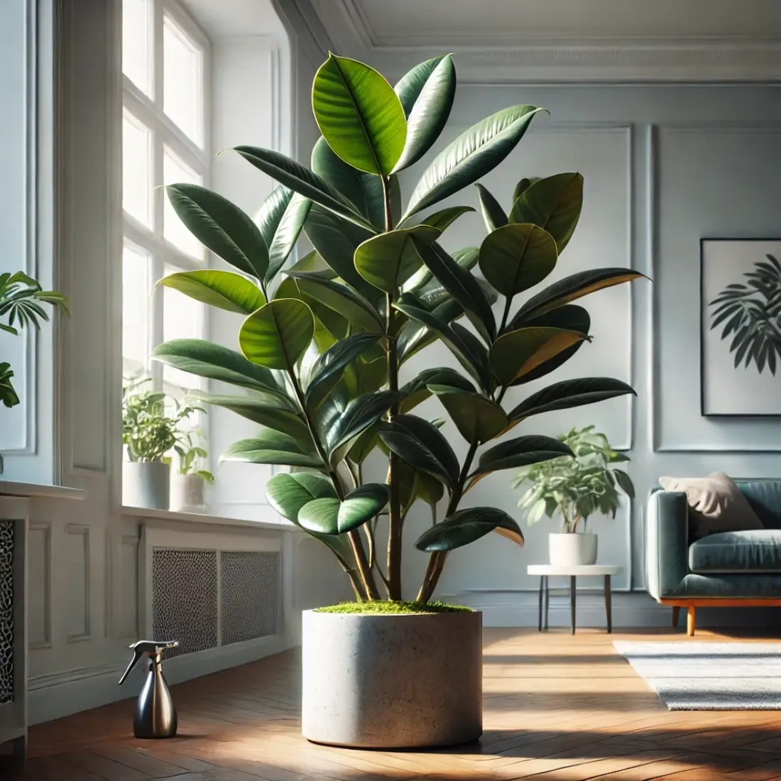 Glossy Rubber Plant in a stylish pot, placed in a bright room with indirect sunlight, light-colored walls, wooden floor, minimalistic furniture, and a spray bottle nearby for humidity care.