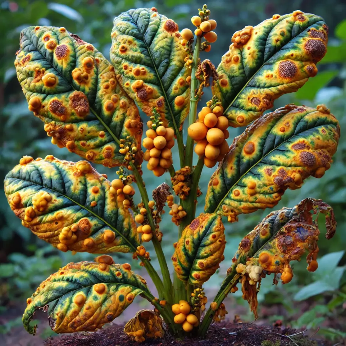 A garden plant showing severe rust disease with vivid yellow, orange, and brown pustules on leaves and stems, some leaves curling and wilting.