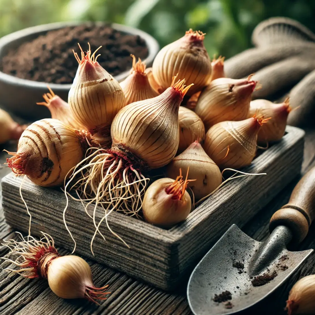 Close-up of saffron corm bulbs with small roots sprouting, arranged on a wooden surface with gardening tools nearby, ready for planting.