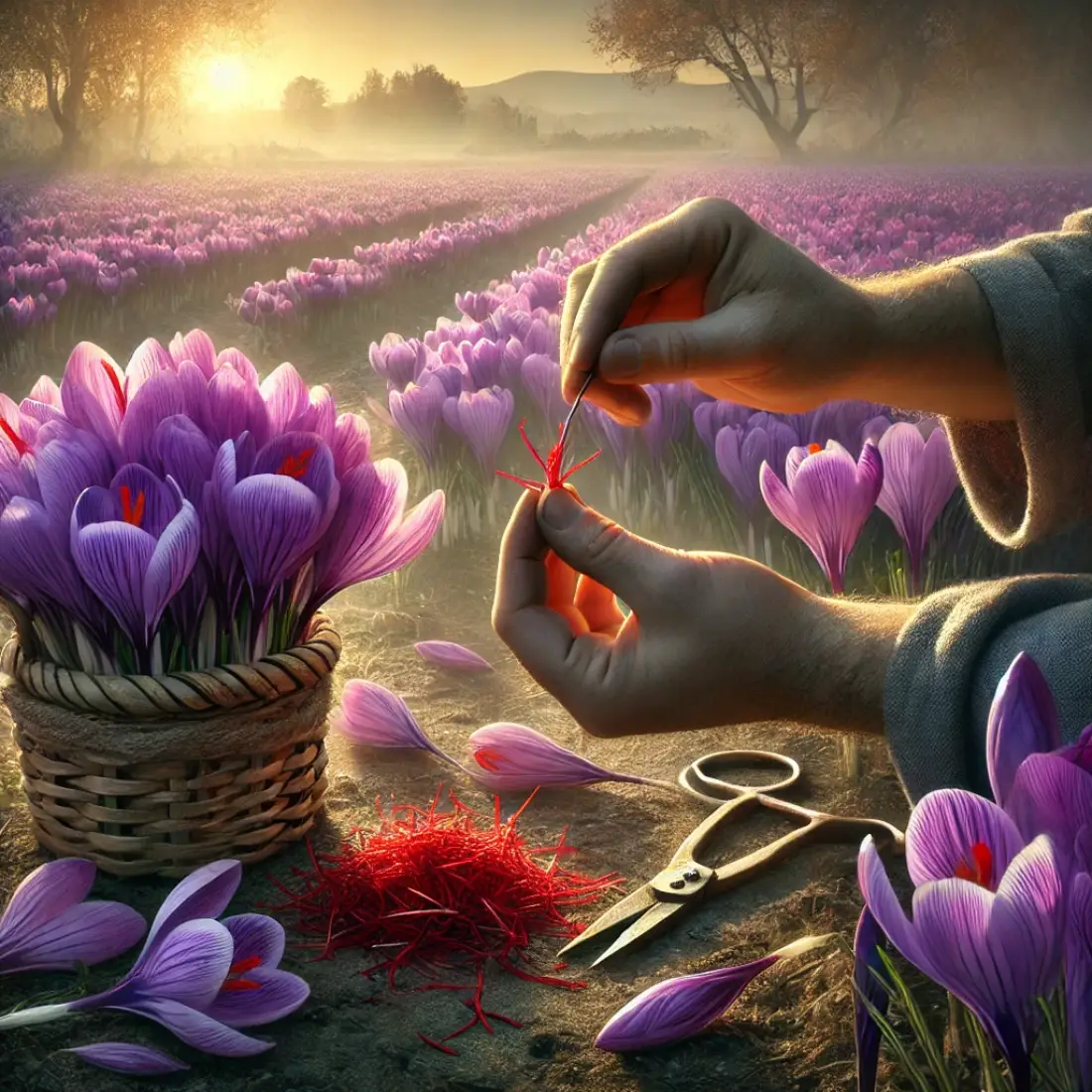 A gardener carefully harvests vibrant purple saffron flowers by hand, separating delicate red stigmas with tweezers in a sunlit field.