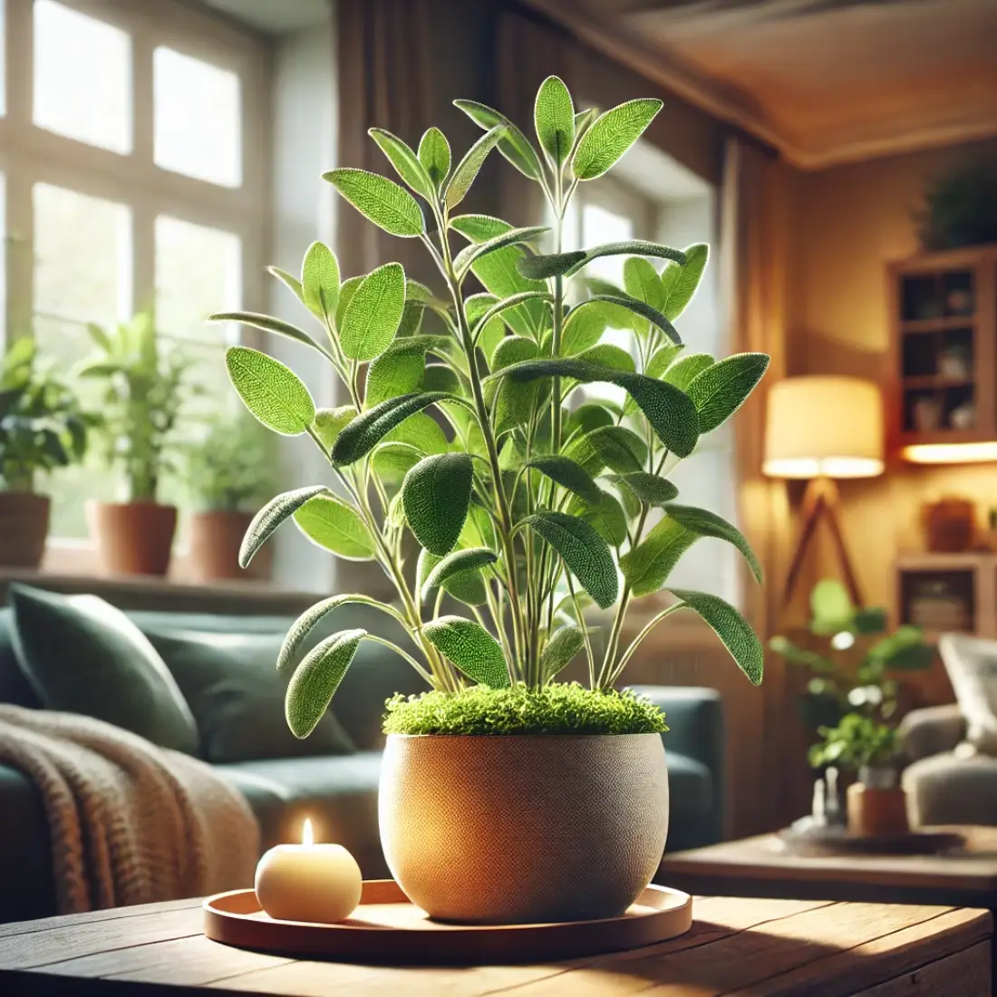 Cozy home with a well-lit indoor garden featuring a lush sage plant with vibrant green leaves in a stylish pot, highlighted by natural sunlight.