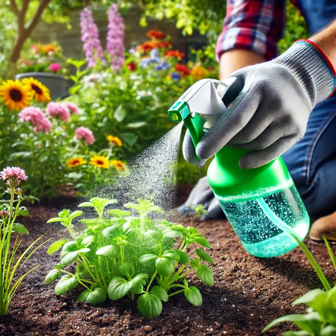 Close-up of a gloved hand spraying salt solution on weeds in a small garden, with vibrant flowers in the background.