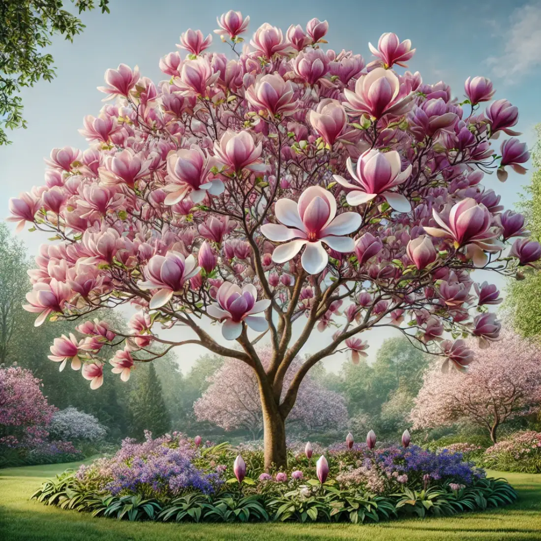 Saucer Magnolia tree with large, saucer-shaped pink, purple, and white flowers in a tranquil garden during mid-spring.