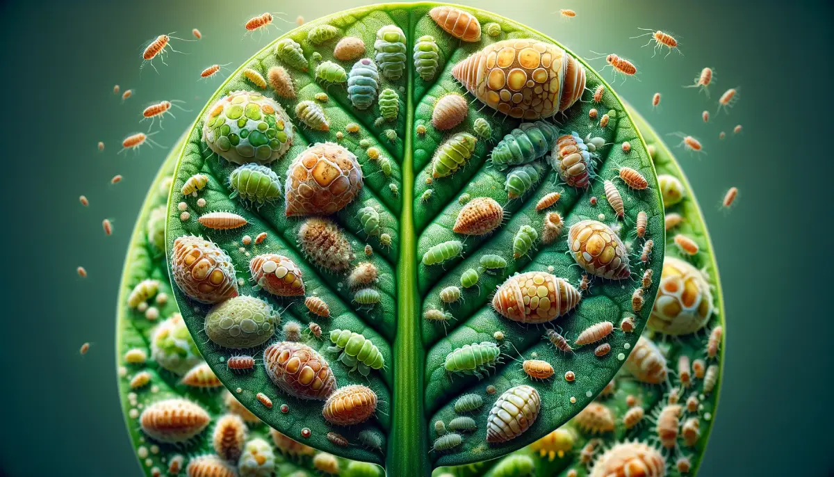 Educational close-up image of a green houseplant leaf infested with detailed scale insects, highlighting their impact and features.