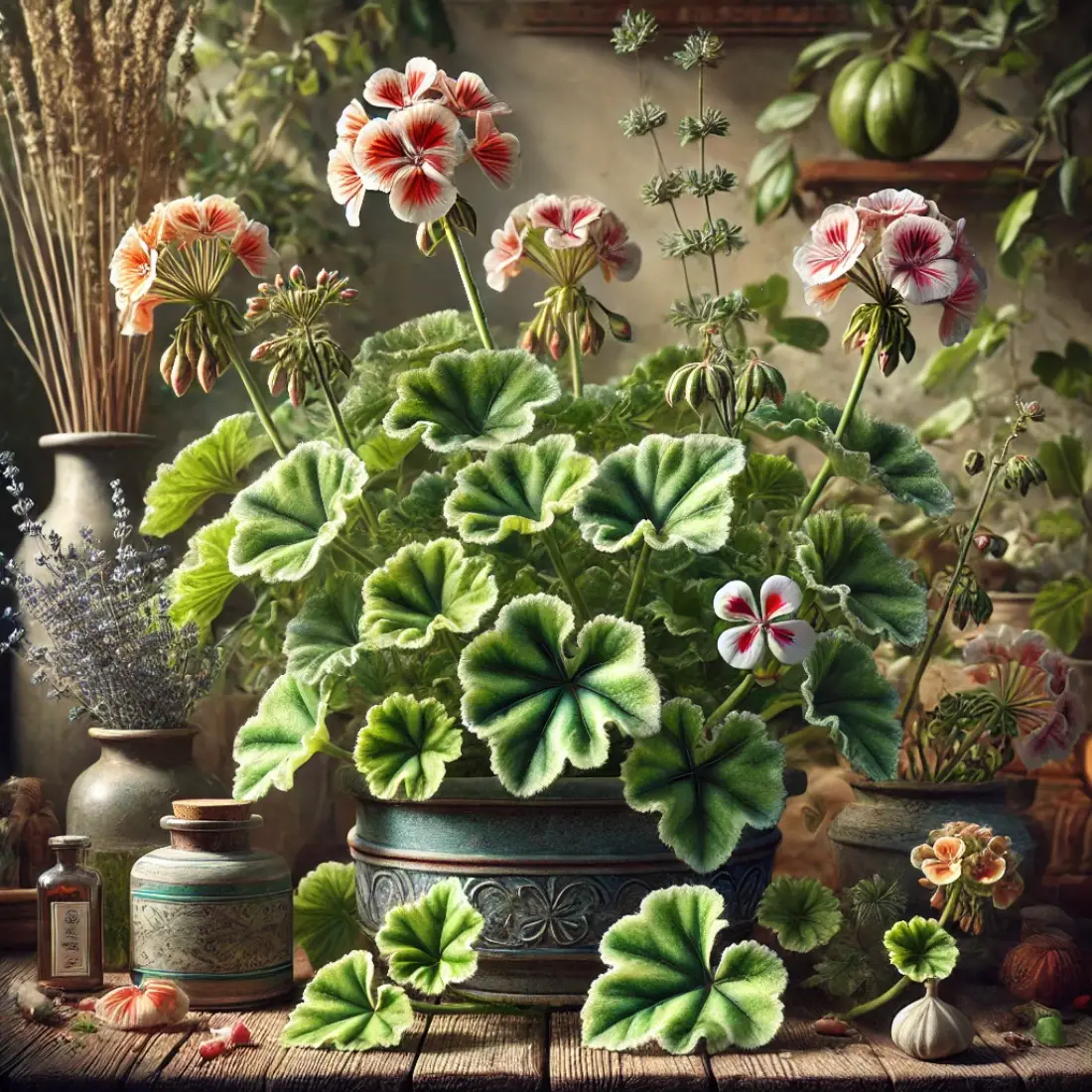 Scented-Leaved Pelargoniums with textured, aromatic foliage in various shades of green, set in a serene herb garden with rustic elements and small, subtle flowers.