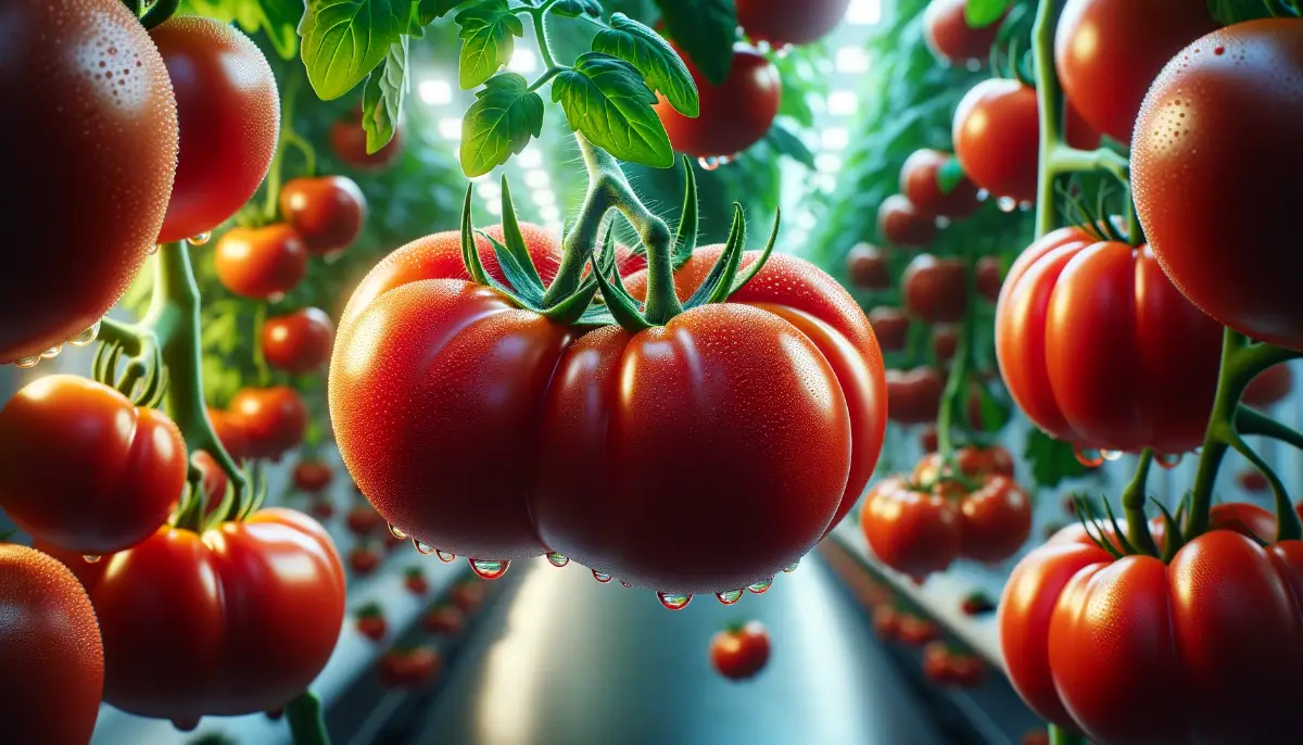 Close-up of ripe tomatoes on a vibrant green plant in a hydroponic system, showcasing the success of indoor gardening.