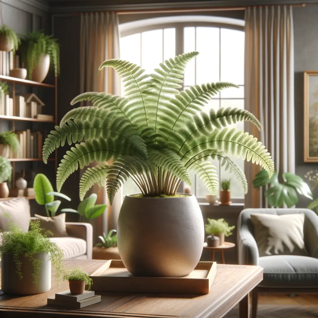 Maidenhair Fern in a stylish pot on a wooden table near a window with filtered light, surrounded by other houseplants in a cozy room