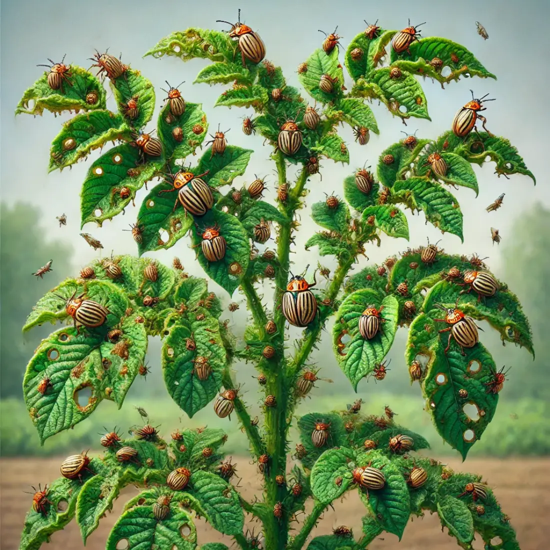 Potato plant infested with Colorado potato beetles, showing significant leaf damage, holes, and numerous beetles and larvae on leaves and stems.