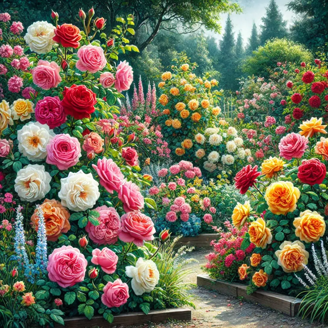 A bushy display of Shrub Roses in red, pink, yellow, and white blooms, set in an informal garden with mixed borders.