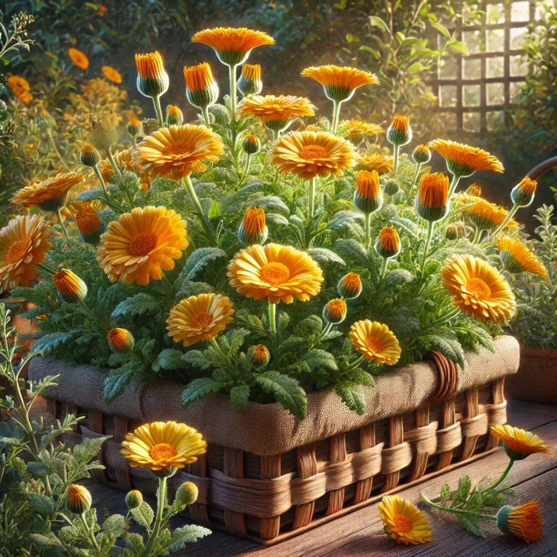 A highly realistic garden scene featuring delicate, edible Signet Marigolds with bright yellow and orange blooms, fine lacy foliage, and some flowers arranged in a basket under natural sunlight.