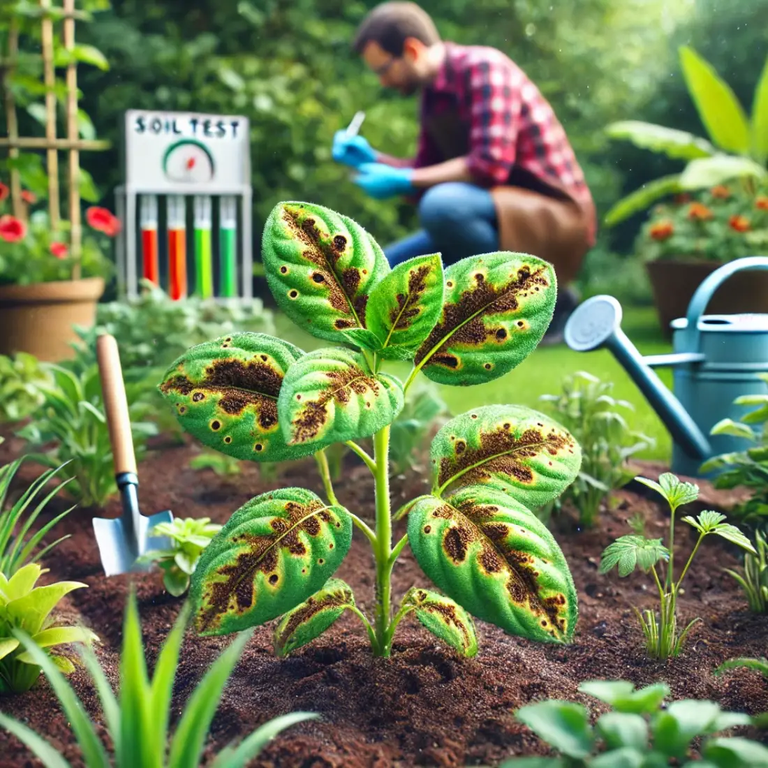 Plant with brown-edged leaves showing magnesium toxicity in a garden, with a gardener conducting a soil test in the background.