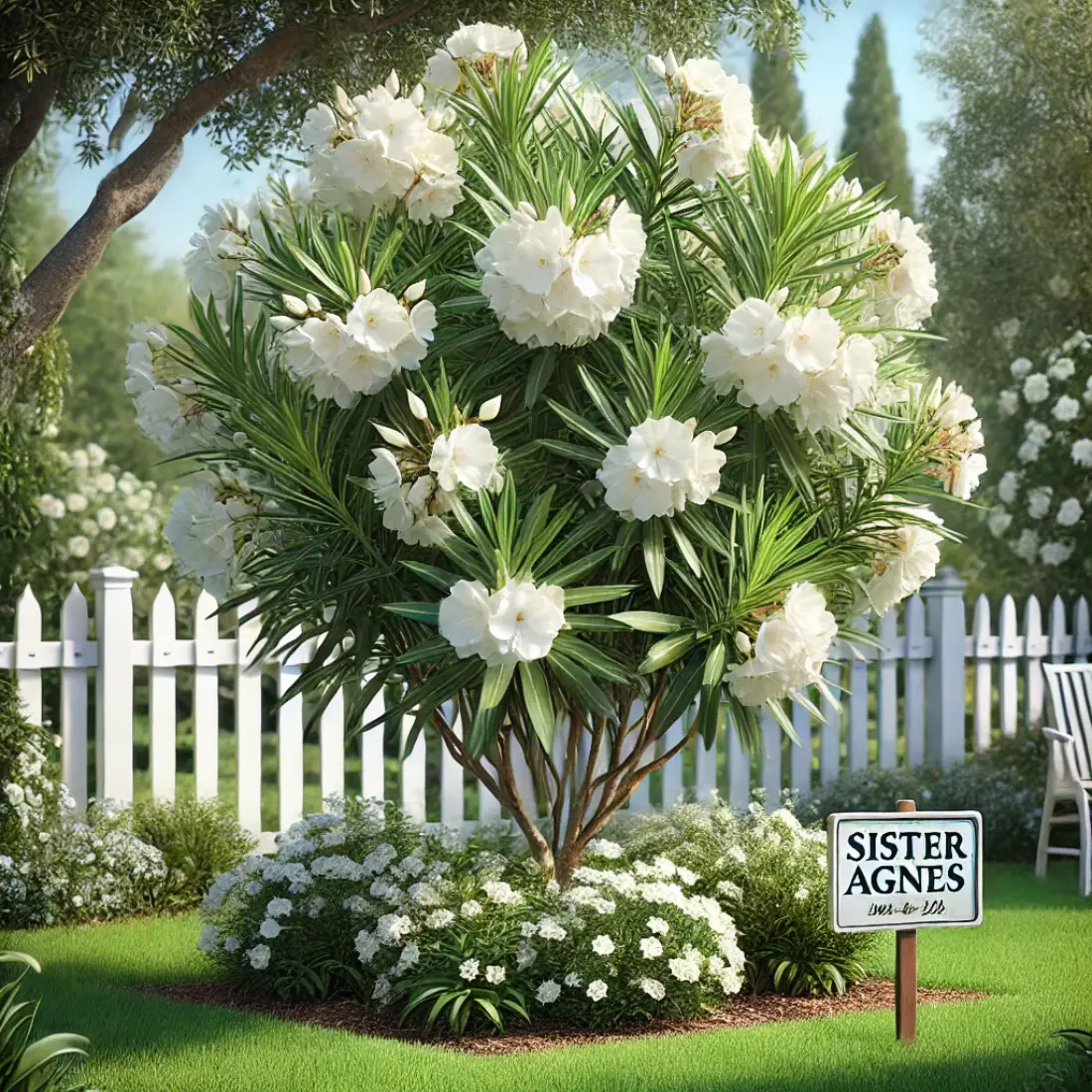 Sister Agnes Oleander shrub with large, pure white blooms, lush green foliage, a white picket fence, and classic garden furniture in a well-manicured garden.