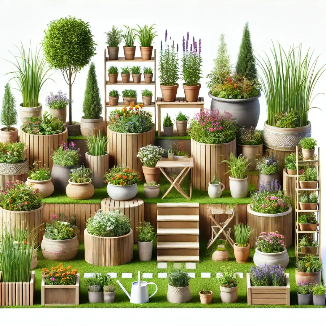 Small garden with pots, planters, and raised beds of different heights and sizes, filled with various plants.