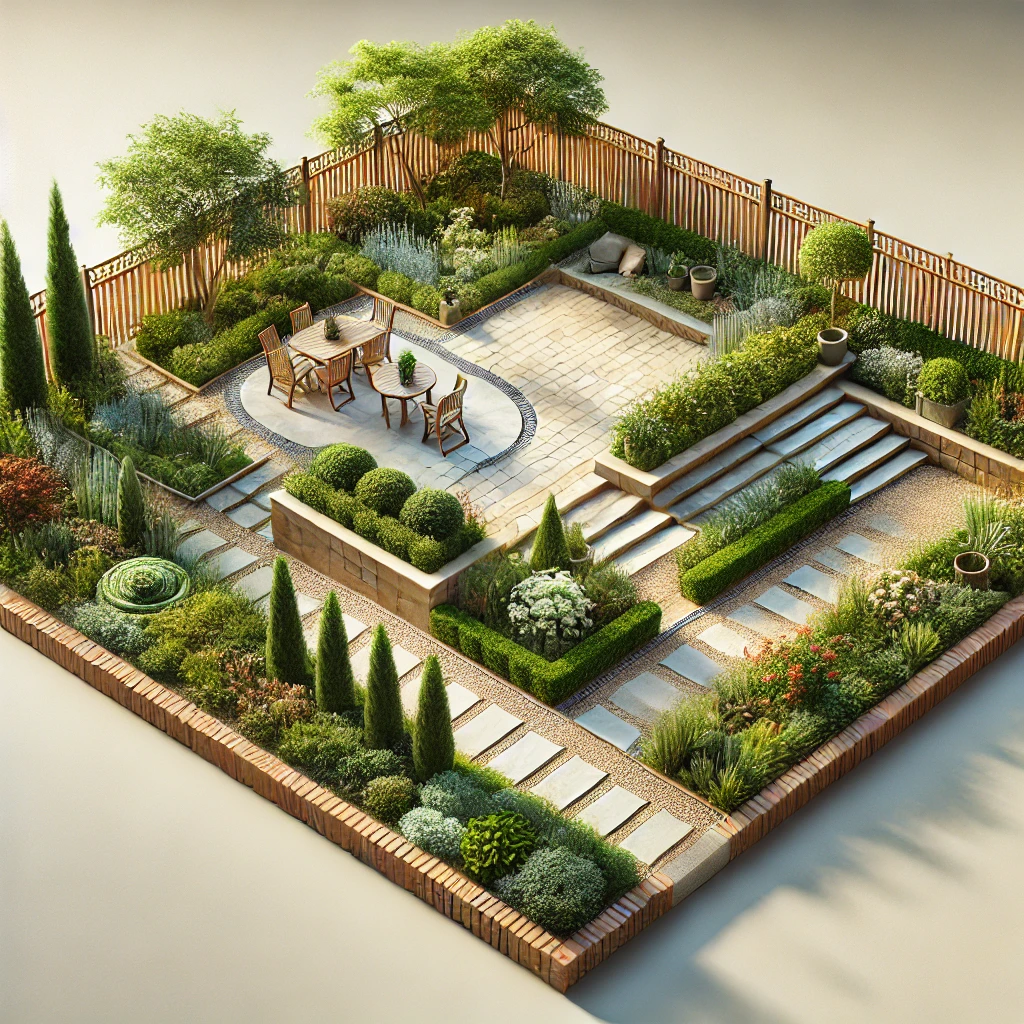 Small garden with bricks, stones, and metal edging, low fences, and hedges creating distinct zones and privacy.