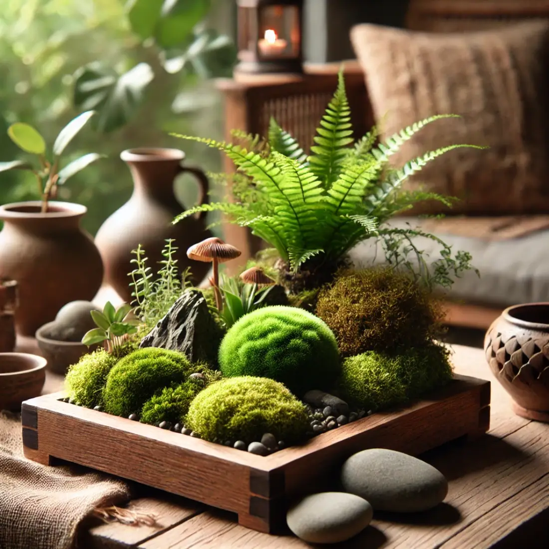 Compact moss garden with Sheet, Cushion, and Fern Moss on a wooden tray, surrounded by natural decor in a cozy, organic indoor space.