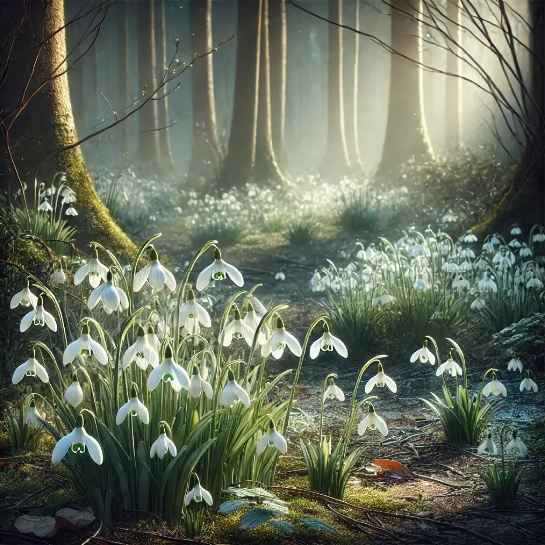 A peaceful woodland garden with delicate white snowdrops blooming on damp ground, surrounded by trees with soft sunlight filtering through.