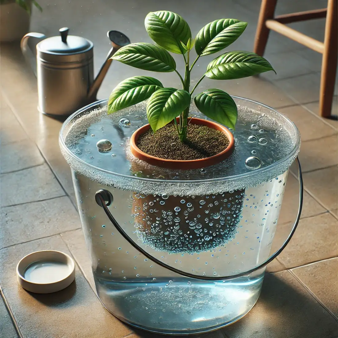 A realistic depiction of a potted indoor plant being soaked to rehydrate dry soil. The pot is fully submerged in a transparent bucket of water, with small air bubbles rising to the surface as the soil absorbs moisture. The plant has healthy green leaves, and the setting includes natural light streaming into the room. The bucket is placed on a tiled floor or countertop, with nearby items like a saucer and a small watering can, creating a practical and clean indoor gardening scene.