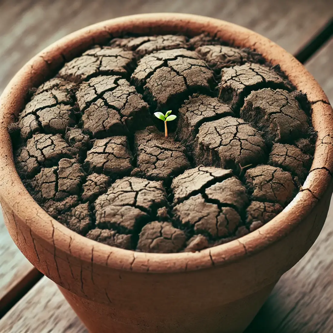 Close-up of a terracotta pot with hard, cracked soil crust and struggling seedlings.