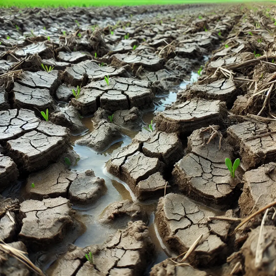 Close-up of dry, cracked soil with a hard crust layer, poor seedling emergence, and visible erosion.