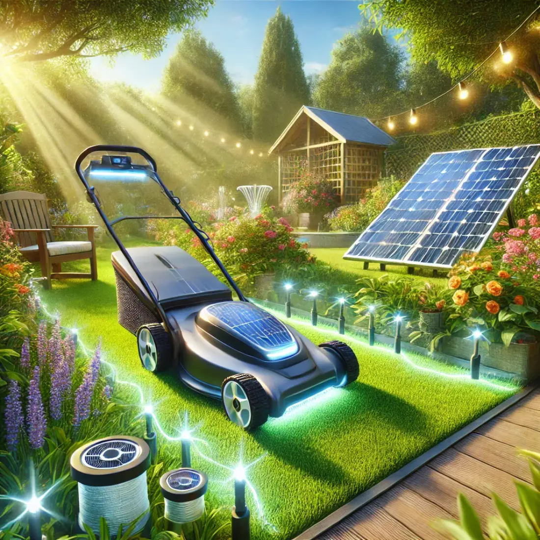 Solar-powered lawn mower and irrigation system in a vibrant, lush garden with blooming flowers under sunny skies.