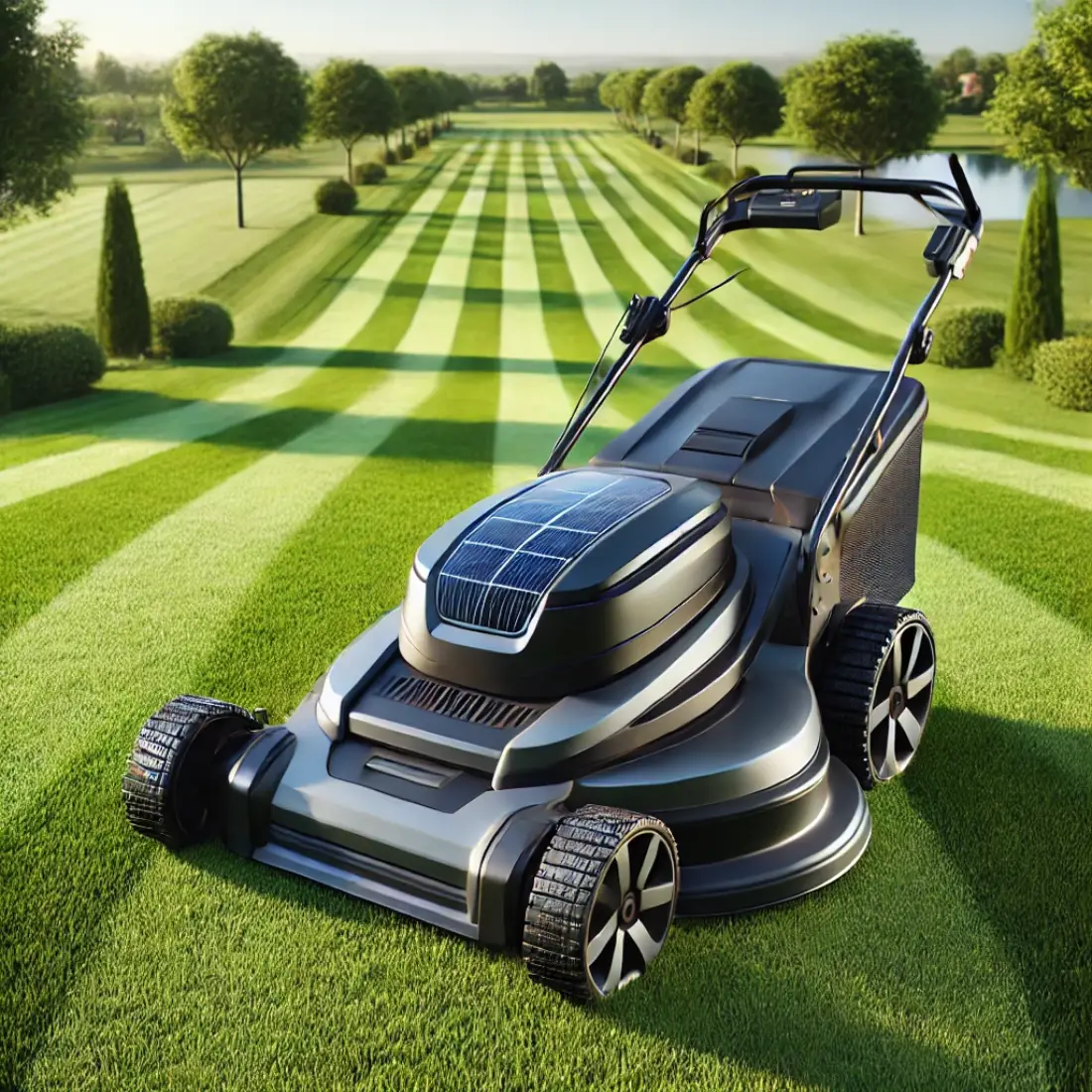 Close-up of a sleek, automated lawn mower cutting green grass without visible solar panels, under clear skies.