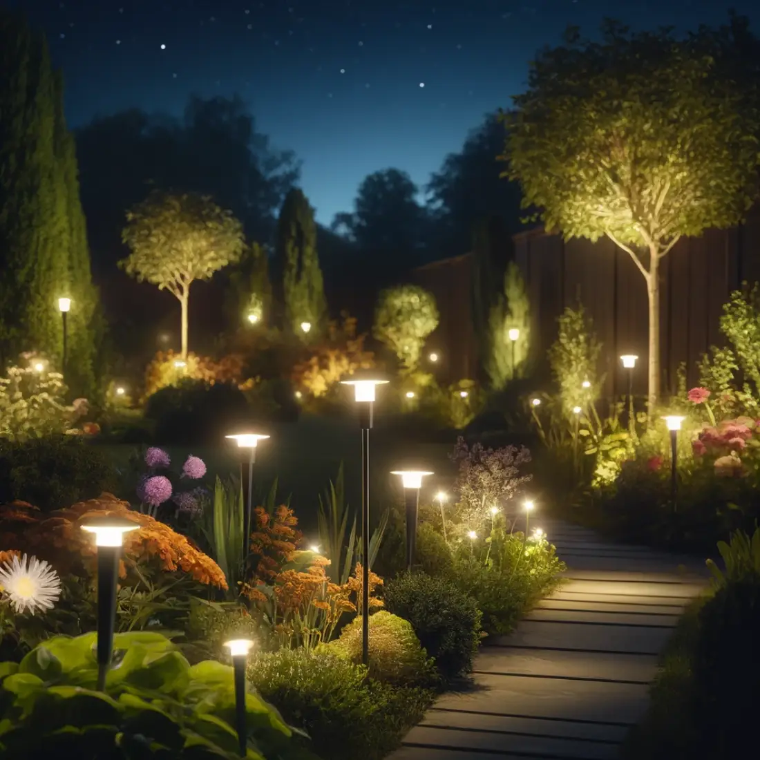 A peaceful nighttime garden scene with elegant pathway lights casting a warm glow on vibrant plants and flowers under a starry sky.