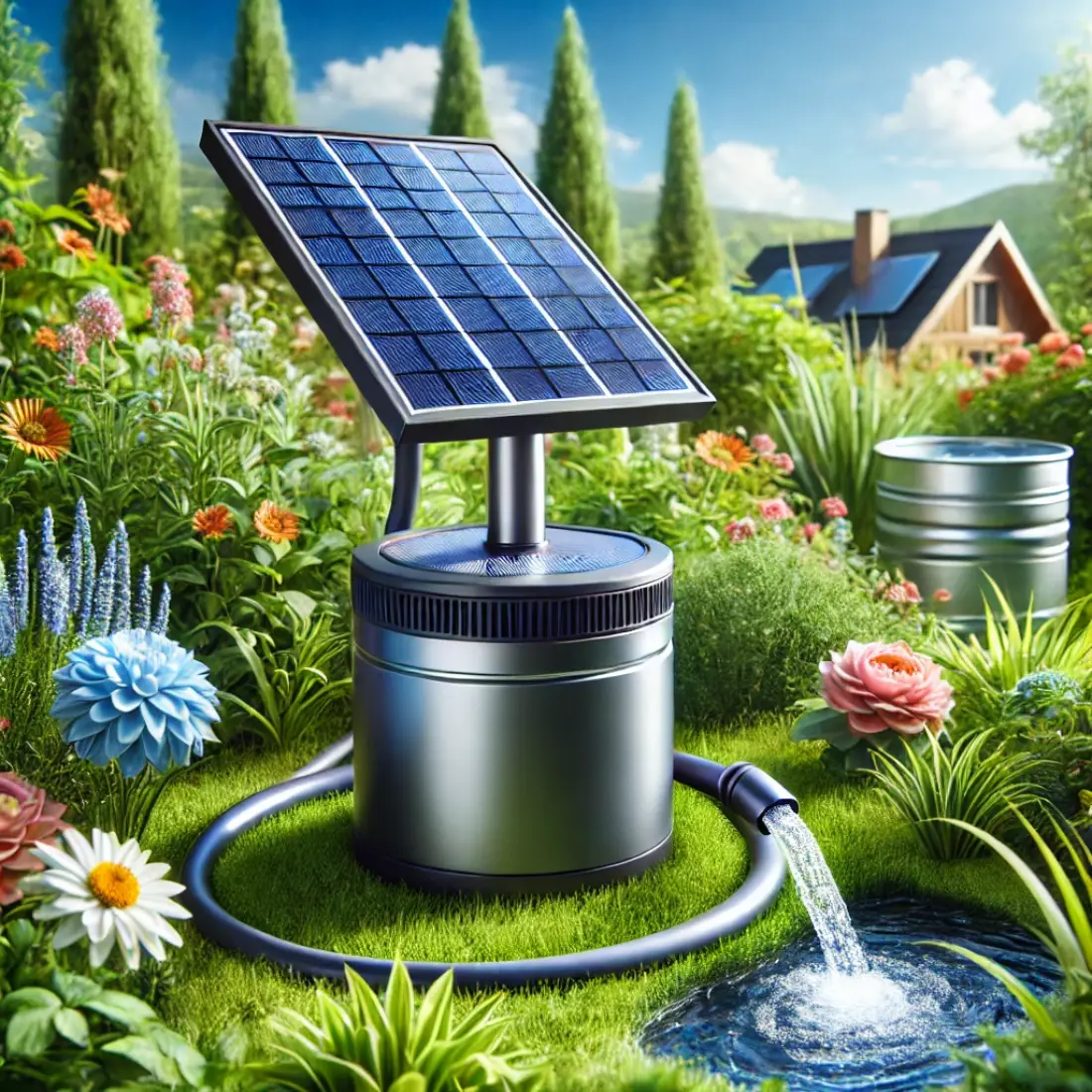 Sleek solar-powered water pump connected to a rain barrel, irrigating colorful plants in a lush garden under clear skies.