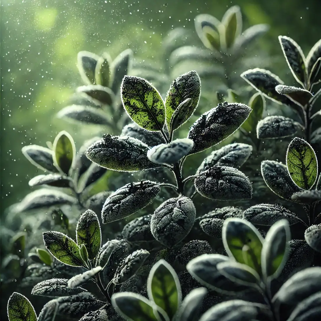 Close-up of a plant's leaves and stems with mild sooty mold damage, showing thin black patches on green foliage in a garden setting.