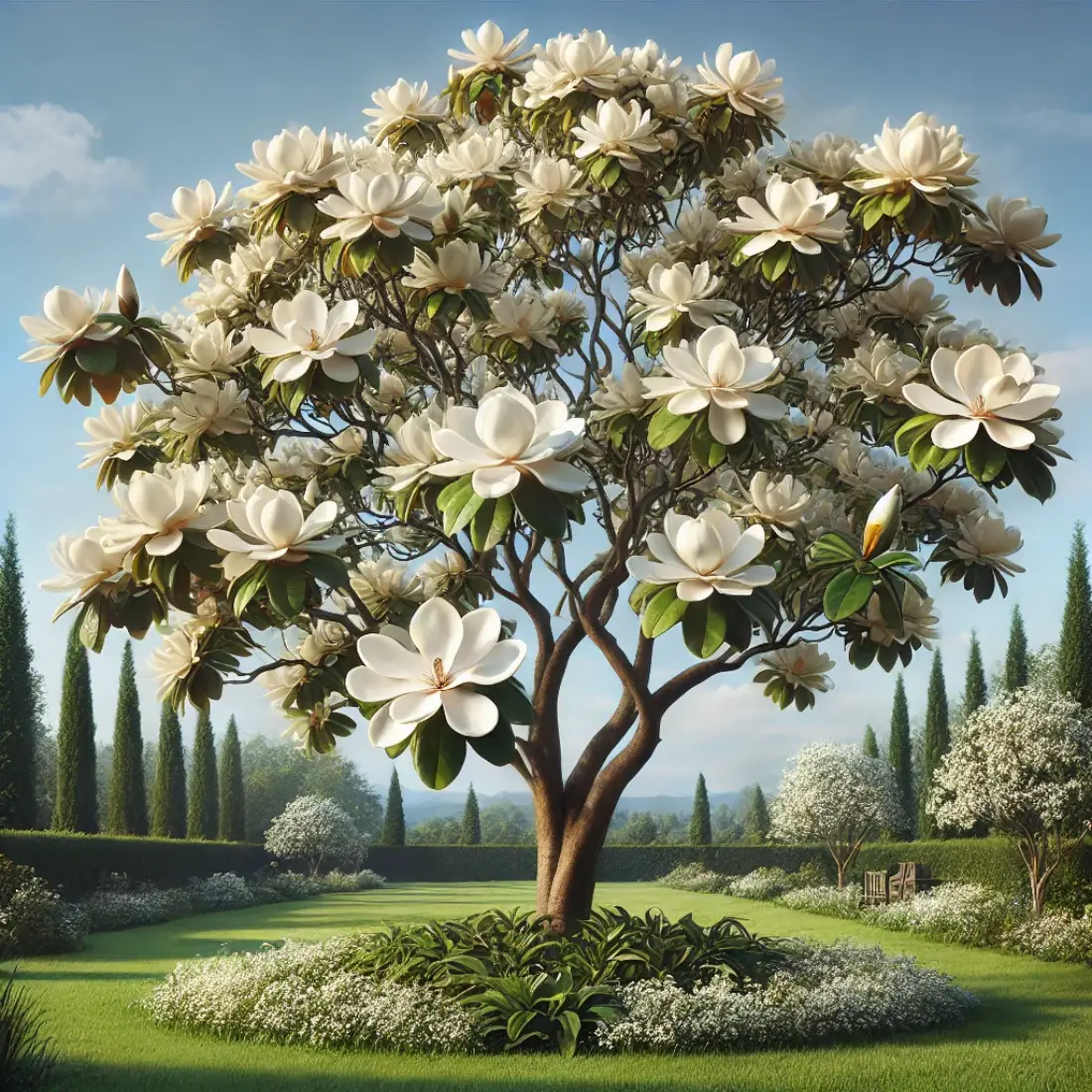 Southern Magnolia tree with large white flowers and glossy evergreen leaves in a serene garden under a clear blue sky.