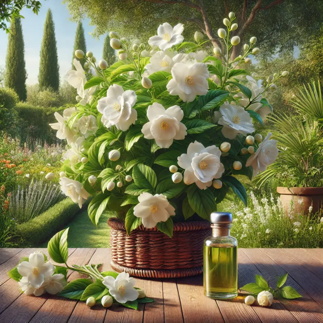 Spanish Jasmine vine with large, white blooms in a sunny garden, alongside a bottle of jasmine oil and blossoms being processed, set against a lush, green background.