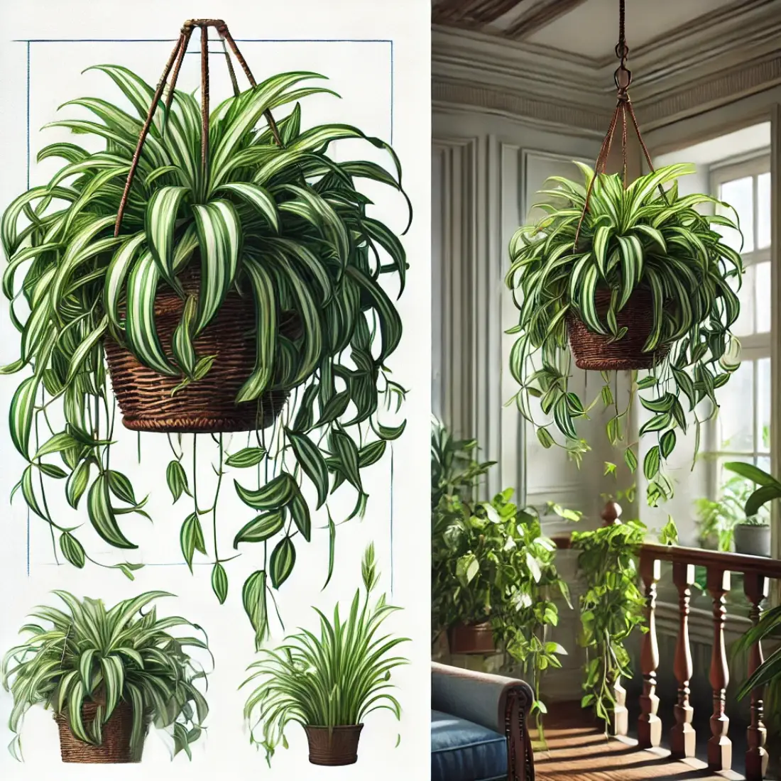 Hanging basket with spider plants featuring arching green and white-striped leaves, thriving in indirect sunlight indoors.