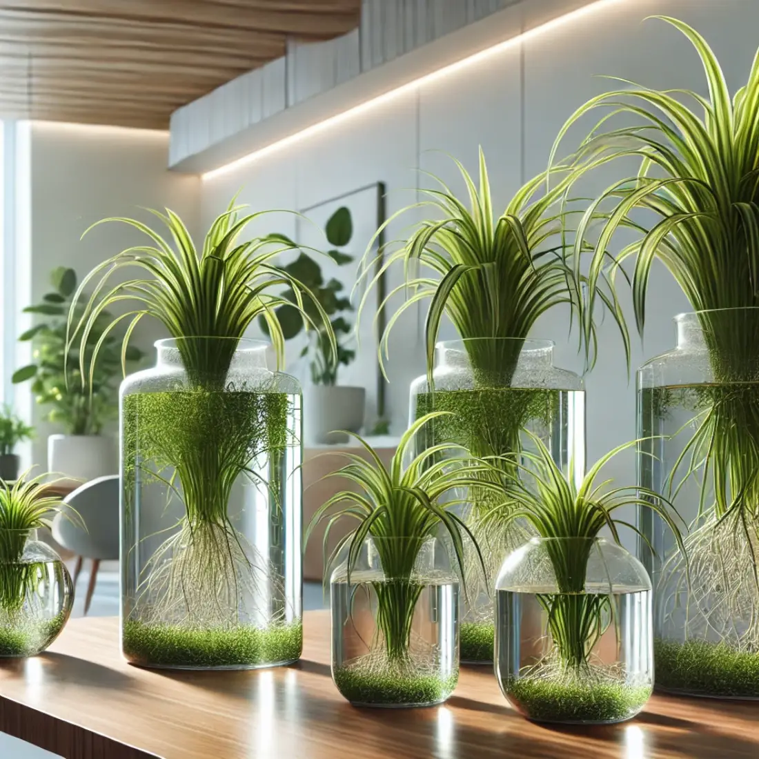 Modern indoor setting featuring spider plants growing in clear glass containers on a wooden shelf, thriving with indirect sunlight.