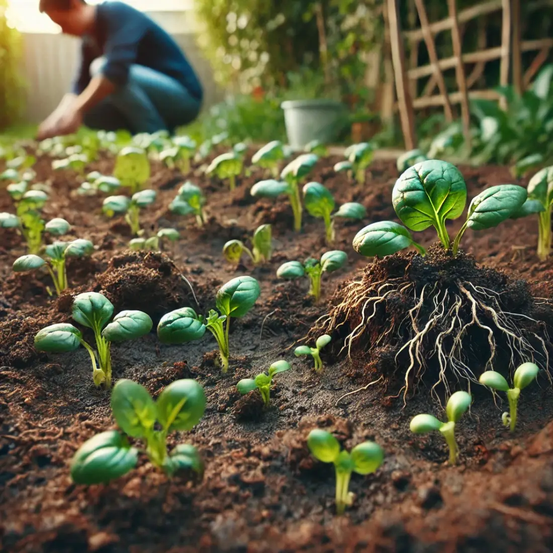 Patchy spinach seedlings showing poor germination in a garden bed, with a gardener preparing the soil in the background.