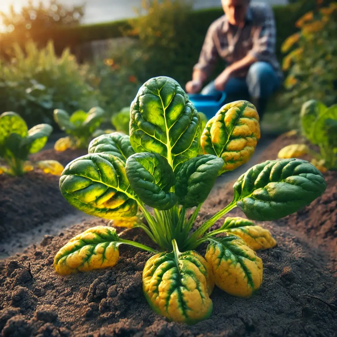 Spinach plant with yellowing leaves due to nitrogen deficiency, with a gardener amending soil in a backyard garden