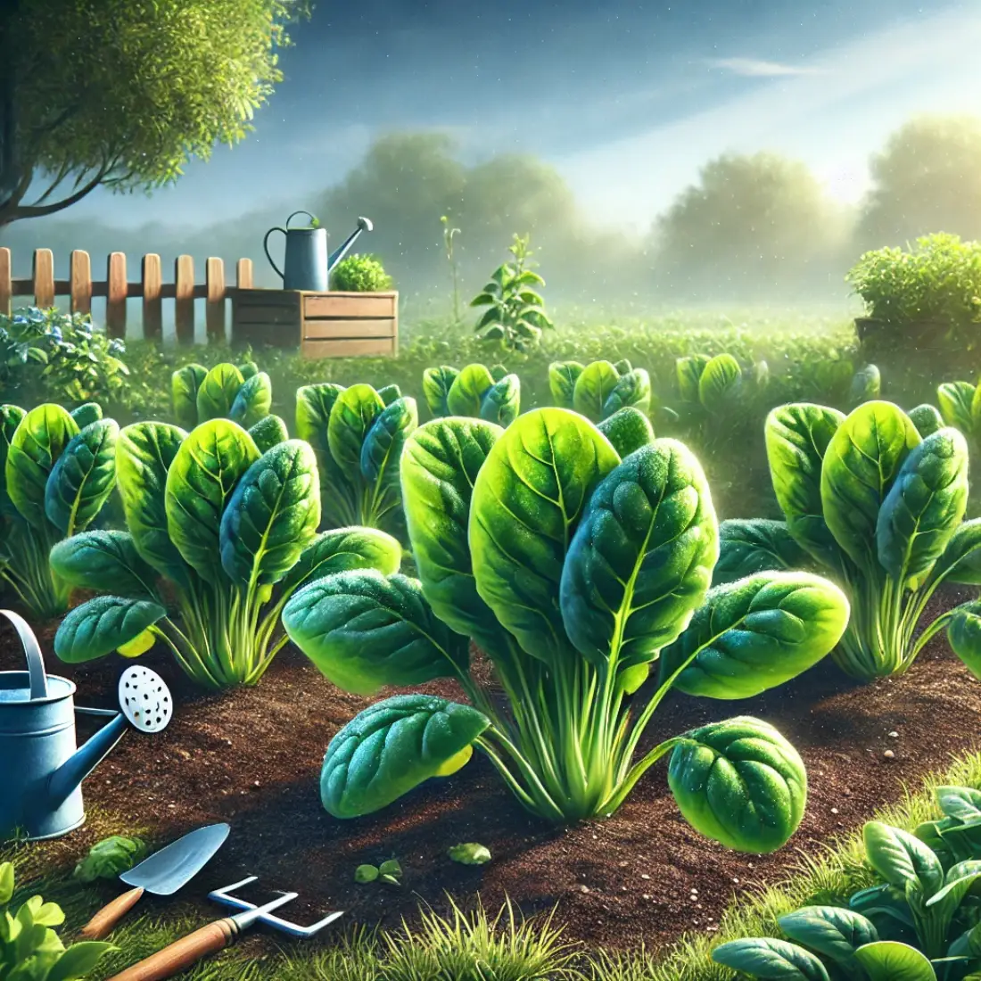 Lush green spinach plants growing in a well-tended organic garden with gardening tools nearby, under a clear blue sky.