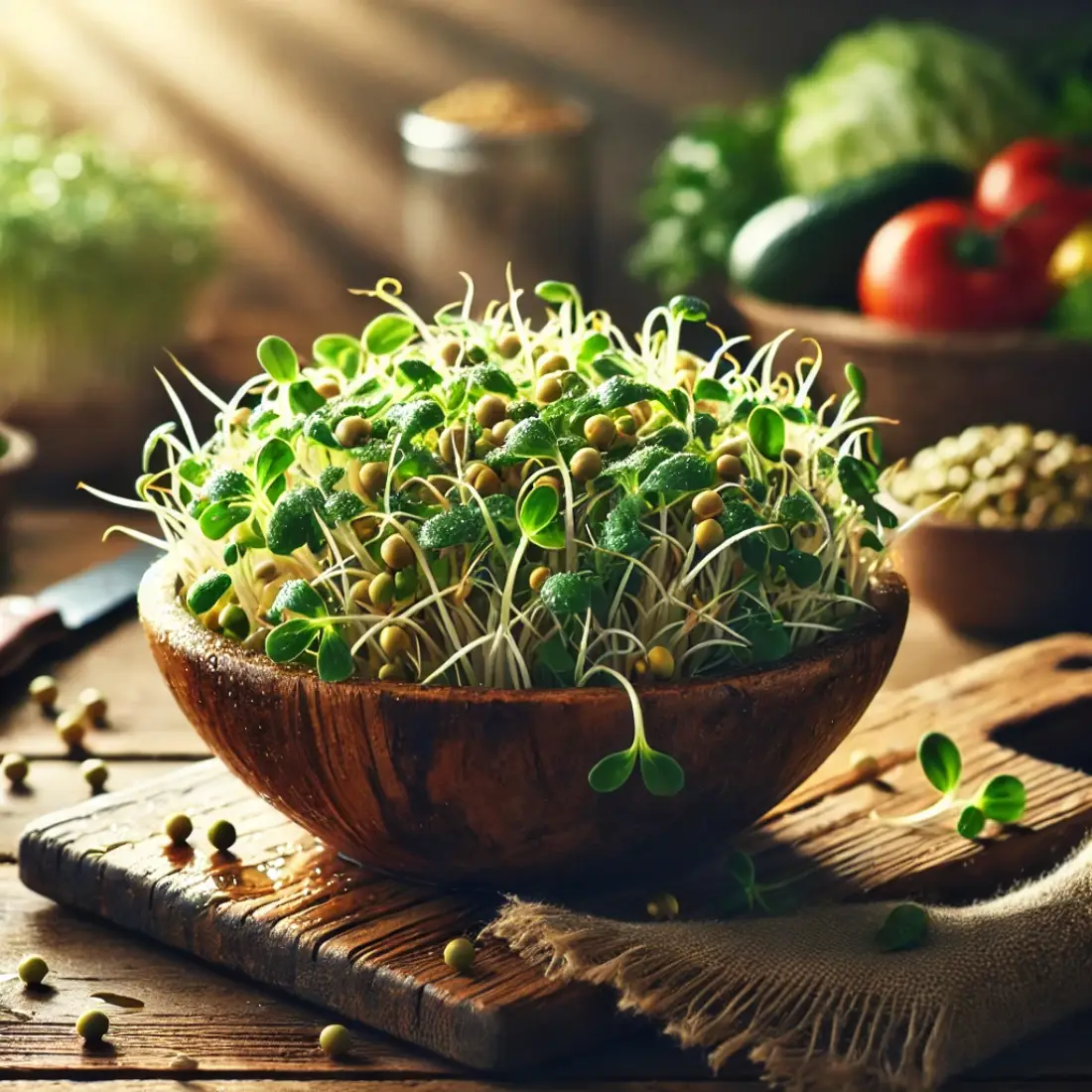 A vibrant assortment of alfalfa and mung bean sprouts in a rustic wooden bowl, with water droplets on their leaves, illuminated by warm natural light in a cozy kitchen setting.