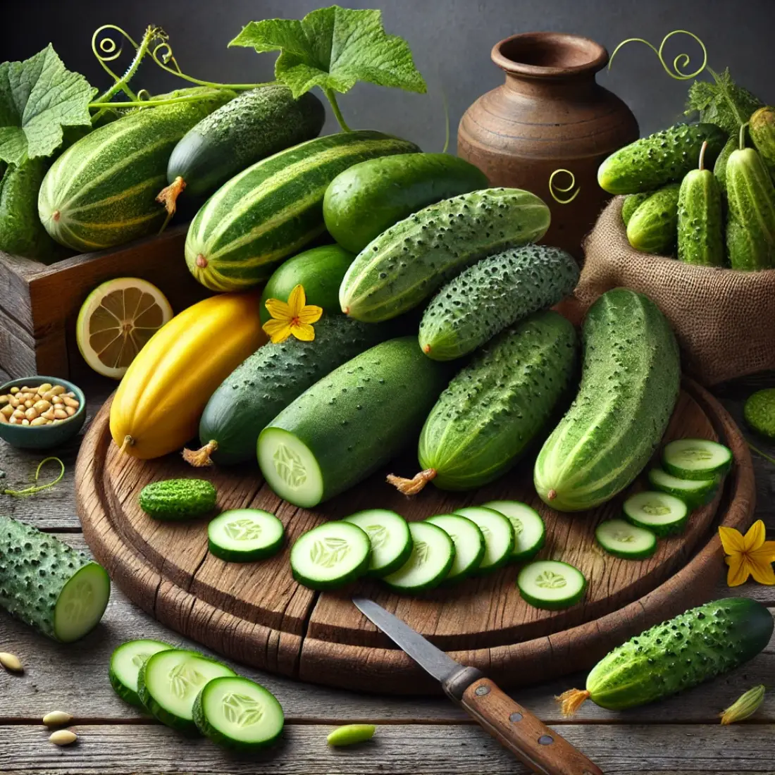 Different types of cucumbers, including slicing, pickling, English, lemon, and Armenian, arranged on a rustic wooden table.