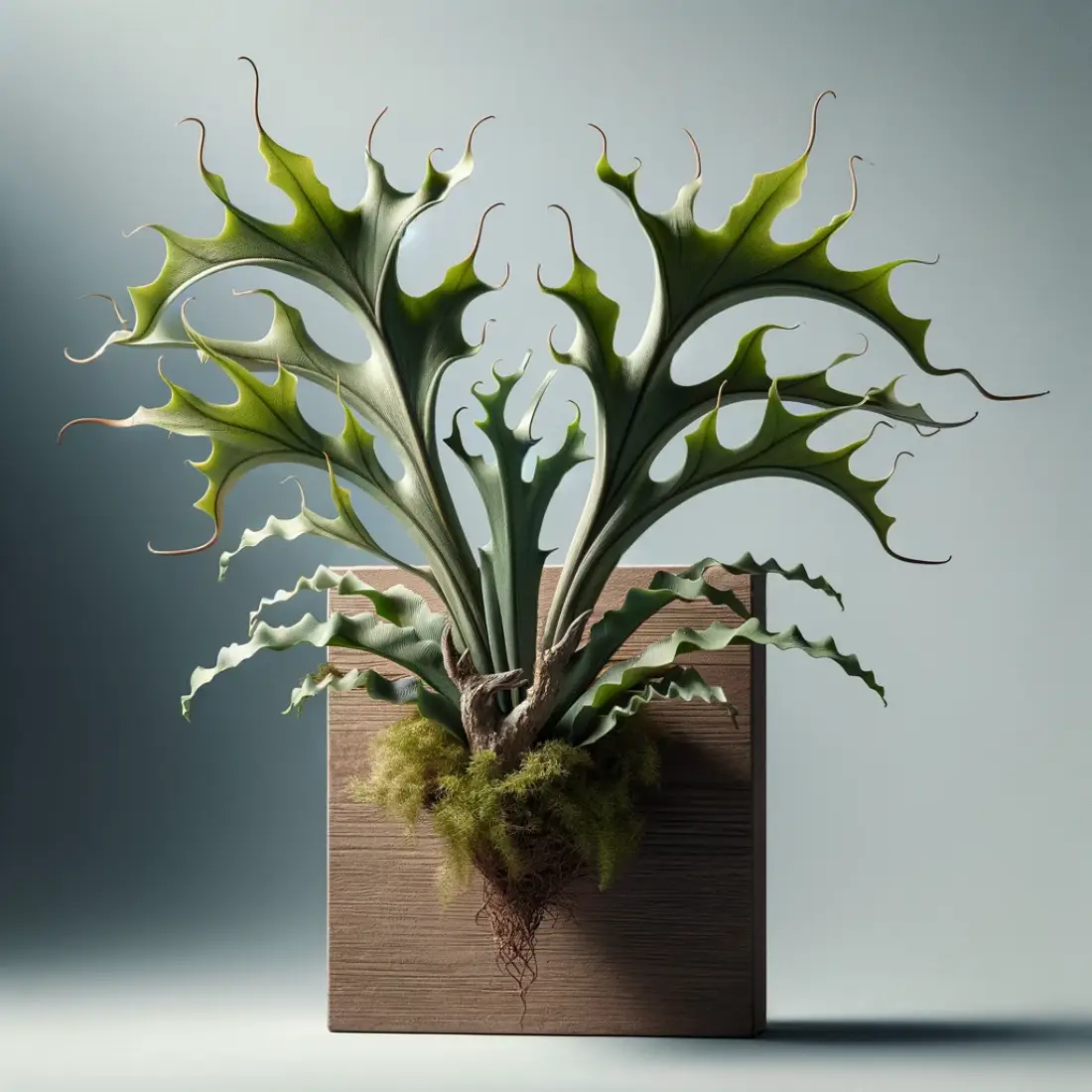 Close-up of a Staghorn Fern mounted on a wooden plaque, showcasing its distinctive antler-like fronds with detailed textures and shapes, against a minimalistic background.