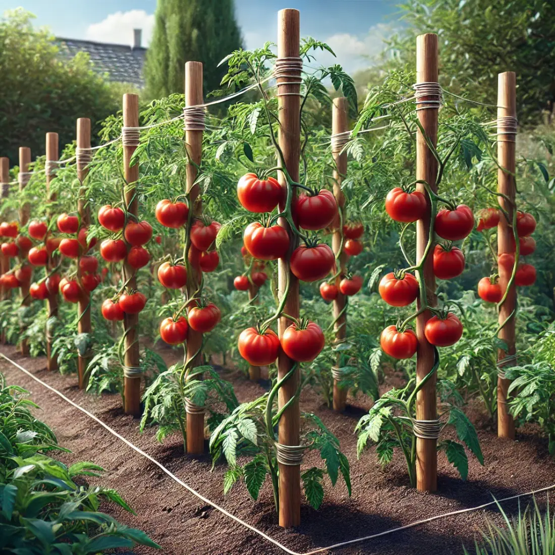 Wooden stakes supporting tomato plants tied with garden ties, showing ripe red tomatoes in a small, well-maintained garden under a clear blue sky.