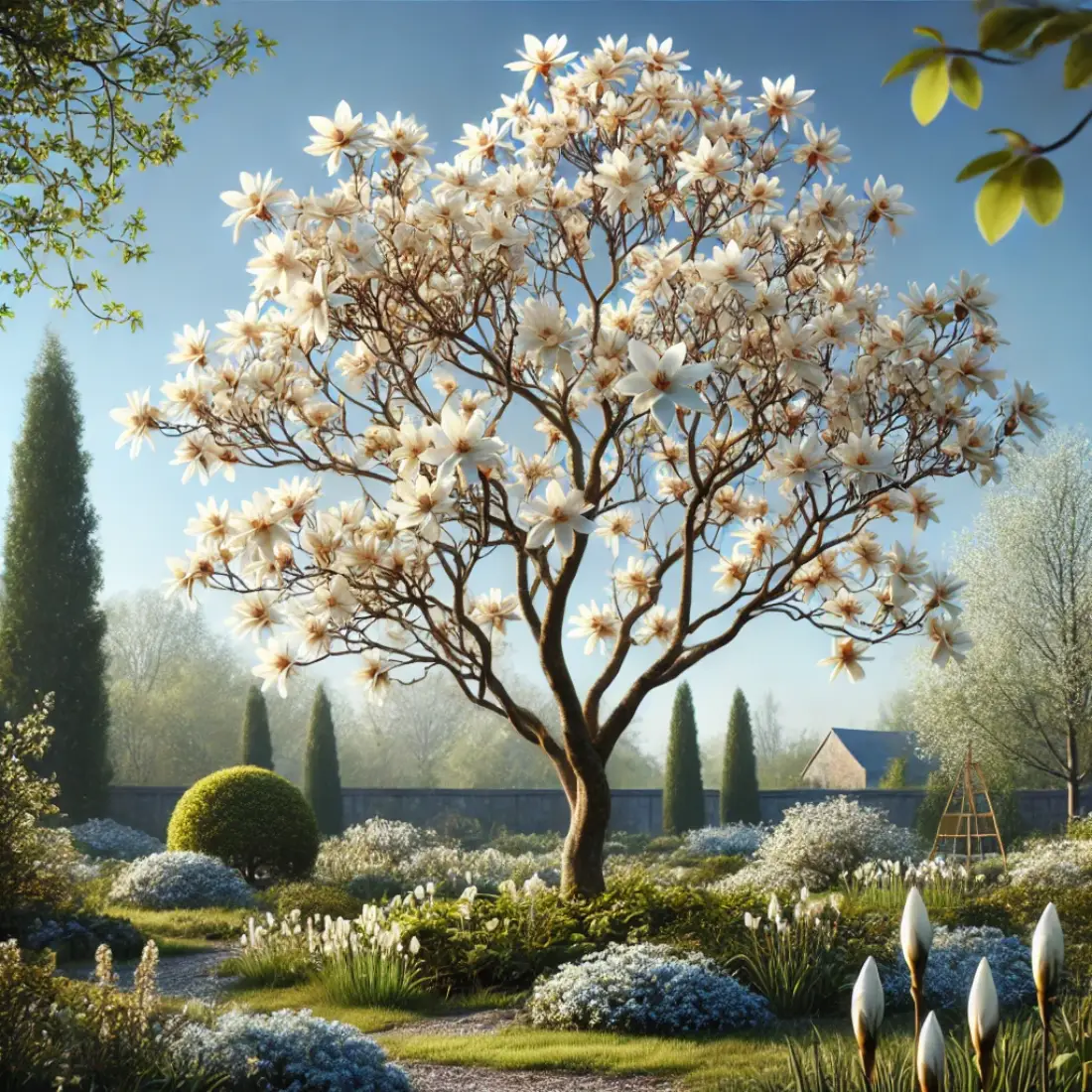 Star Magnolia tree with star-shaped white flowers in bloom during early spring in a serene garden with a clear blue sky.